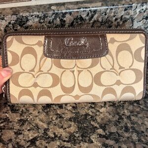 Coach Signature Brown and Tan Zip Wallet